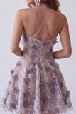 Sparkly Purple Sequin Floral Short Cocktail Dress