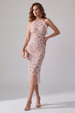Sparkly Blush Bodycon Ruffled Beaded Midi Halter Cocktail Dress with Fringes