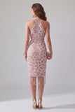 Sparkly Blush Bodycon Ruffled Beaded Midi Halter Cocktail Dress with Fringes