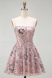 Sparkly Strapless Pearl Blush Beaded Sequin Floral Short Homecoming Dress