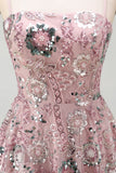Sparkly Strapless Pearl Blush Beaded Sequin Floral Short Homecoming Dress