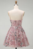 Sparkly Strapless Pearl Blush Beaded Sequin Floral Short Homecoming Dress