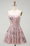 Sparkly Strapless Pearl Blush Beaded Sequin Floral Short Homecoming Dress