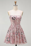 Sparkly Strapless Pearl Blush Beaded Floral Short Homecoming Dress with Sequins