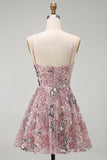 Sparkly Strapless Pearl Blush Beaded Floral Short Homecoming Dress with Sequins