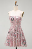 Sparkly Strapless Pearl Blush Beaded Floral Short Homecoming Dress with Sequins