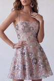 Sparkly Blush Beaded Sequin Floral Short Cocktail Dress