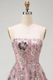 Sparkly Strapless Pearl Blush Beaded Floral Short Homecoming Dress with Sequins