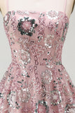 Sparkly Strapless Pearl Blush Beaded Floral Short Homecoming Dress with Sequins