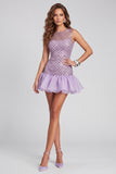 Sparkly Lilac Beaded Round Neck Short Homecoming Dress with Ruffles