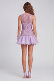 Sparkly Lilac Beaded Round Neck Short Homecoming Dress with Ruffles