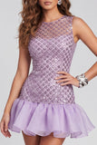 Sparkly Lilac Beaded Round Neck Short Cocktail Dress with Ruffles