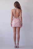 Sparkly Pink Halter Floral Beaded Tight Short Open Back Homecoming Dress