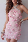 Sparkly Pink Halter Floral Beaded Tight Short Open Back Homecoming Dress