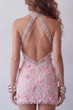 Sparkly Pink Halter Floral Beaded Tight Short Open Back Homecoming Dress