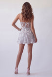 Sparkly Silver Corset A Line Spaghetti Straps Floral Beaded Short Homecoming Dress