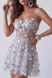 Sparkly Silver Corset A Line Spaghetti Straps Floral Beaded Short Homecoming Dress
