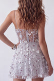 Sparkly Silver Corset A Line Spaghetti Straps Floral Beaded Short Homecoming Dress