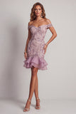 Off the Shoulder Sparkly Lilac Beaded Short Homecoming Dress with Ruffles
