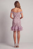 Off the Shoulder Sparkly Lilac Beaded Short Homecoming Dress with Ruffles