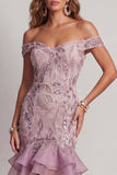 Off the Shoulder Sparkly Lilac Beaded Short Homecoming Dress with Ruffles