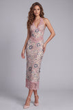 Sparkly Blush Beaded Halter Sheath Maxi Floral Cocktail Dress with Lace