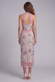Sparkly Blush Beaded Halter Sheath Maxi Floral Cocktail Dress with Lace