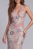 Sparkly Blush Beaded Halter Sheath Maxi Floral Cocktail Dress with Lace