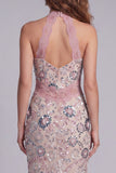 Sparkly Blush Beaded Halter Sheath Maxi Floral Cocktail Dress with Lace