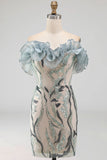 Sparkly Dusty Blue Strapless Beaded Tight Short Homecoming Dress with Ruffles