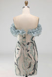Sparkly Dusty Blue Strapless Beaded Tight Short Homecoming Dress with Ruffles