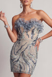 Sparkly Dusty Blue Strapless Beaded Tight Short Homecoming Dress with Ruffles