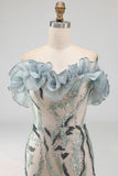 Sparkly Dusty Blue Strapless Beaded Tight Short Homecoming Dress with Ruffles