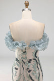 Sparkly Dusty Blue Strapless Beaded Tight Short Homecoming Dress with Ruffles