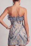 Sparkly Dusty Blue Strapless Beaded Tight Short Homecoming Dress with Ruffles