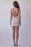 Sparkly Silver Floral Halter Beaded Open Back Tight Short Cocktail Dress