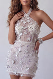 Sparkly Silver Floral Halter Beaded Open Back Tight Short Cocktail Dress