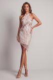 Sparkly Champagne Tight High Neck Open Back Short Beaded Cocktail Dress