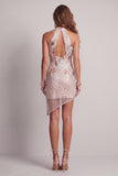 Sparkly Champagne Tight High Neck Open Back Short Beaded Cocktail Dress