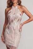 Sparkly Champagne Tight High Neck Open Back Short Beaded Cocktail Dress