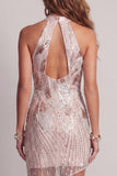 Sparkly Champagne Tight High Neck Open Back Short Beaded Cocktail Dress