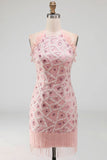 Sparkly Blush Tight Short Ruffled Beaded Halter Homecoming Dress with Fringes