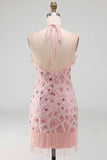 Sparkly Blush Tight Short Ruffled Beaded Halter Homecoming Dress with Fringes