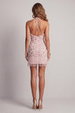 Sparkly Blush Tight Short Ruffled Beaded Halter Homecoming Dress with Fringes