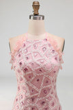 Sparkly Blush Tight Short Ruffled Beaded Halter Homecoming Dress with Fringes