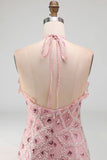 Sparkly Blush Tight Short Ruffled Beaded Halter Homecoming Dress with Fringes