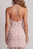 Sparkly Blush Tight Short Ruffled Beaded Halter Homecoming Dress with Fringes
