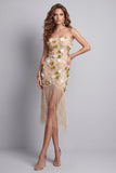 Sparkly Beaded Apricot Floral Short Cocktail Dress with Fringes