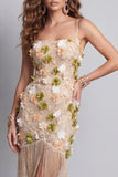 Sparkly Beaded Apricot Floral Short Cocktail Dress with Fringes
