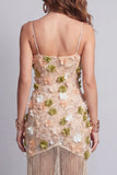 Sparkly Beaded Apricot Floral Short Cocktail Dress with Fringes